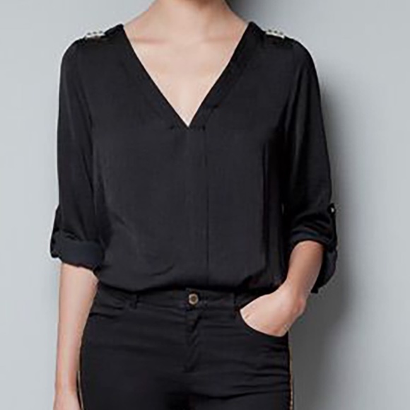 Zara Tops - Zara Black Satin Deep V Blouse with Gold Studs on Shoulders